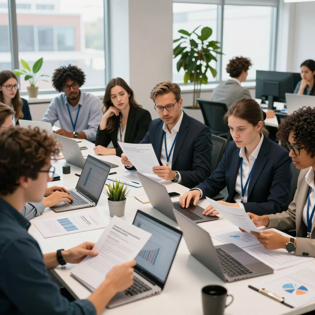 A group of small business owners analyzing grant opportunities in a modern coworking space with digital devices in 2026