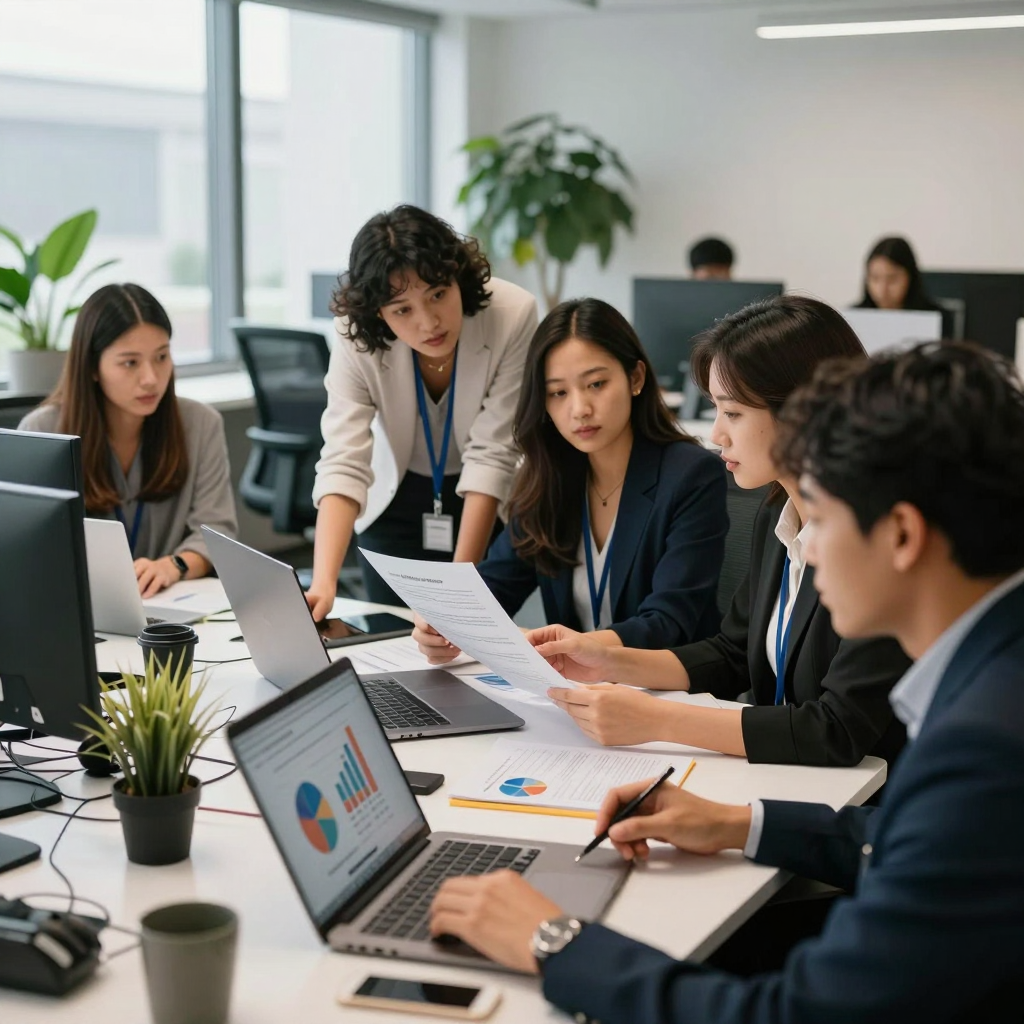 Professional team collaborating on a 2026 grant application, reviewing detailed project documents and budget spreadsheets in a bright office setting.