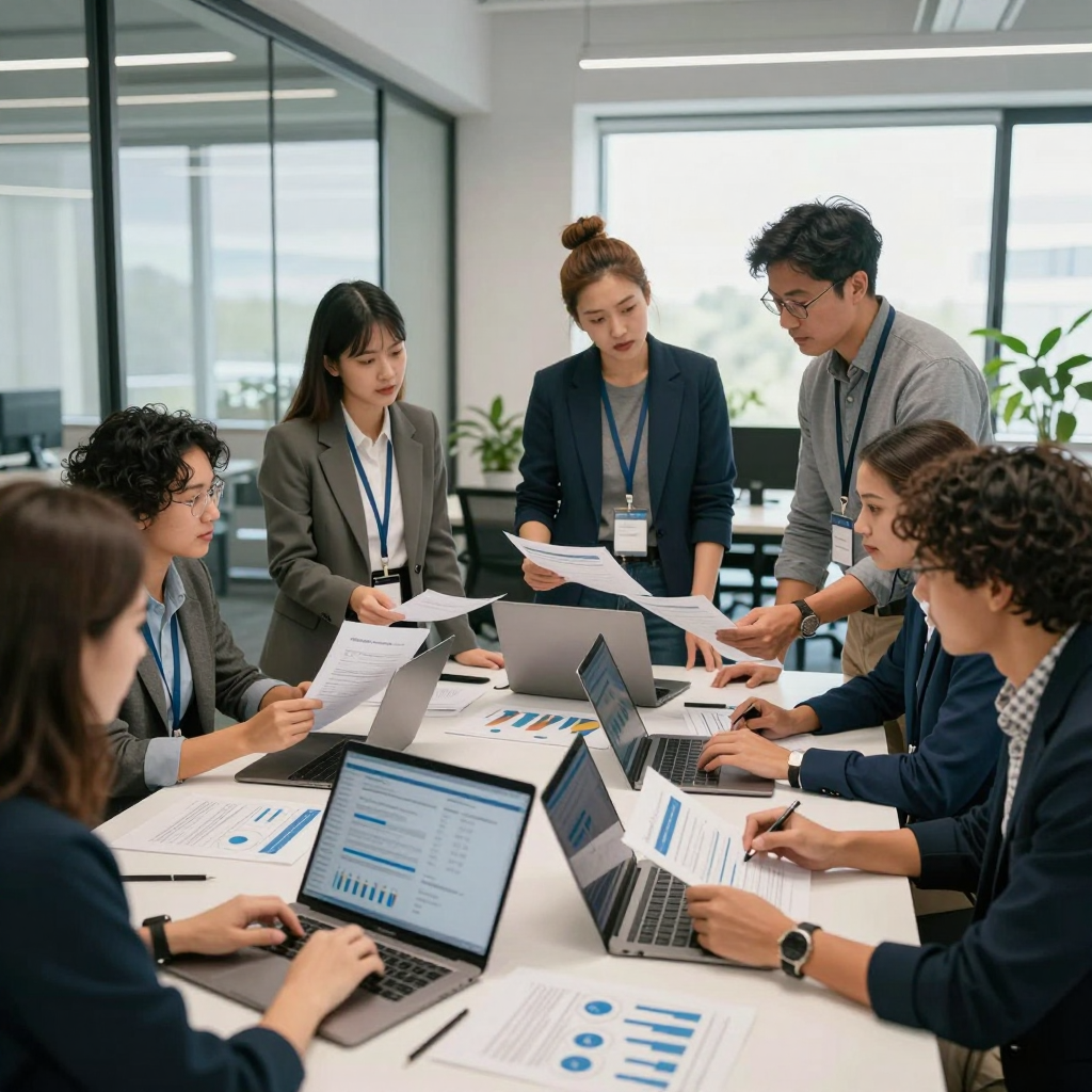 A small business team collaborating on a grant application, analyzing documents and a laptop with a 2026 grant portal open in a bright modern workspace.